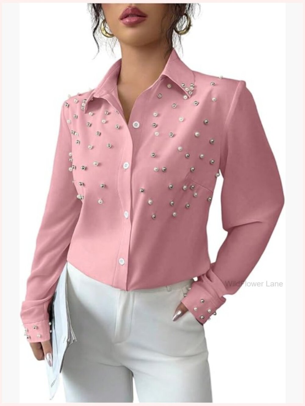 Pearl Beaded Long Sleeve Button Down Blouse Shirt Work Office - Picture 1 of 5